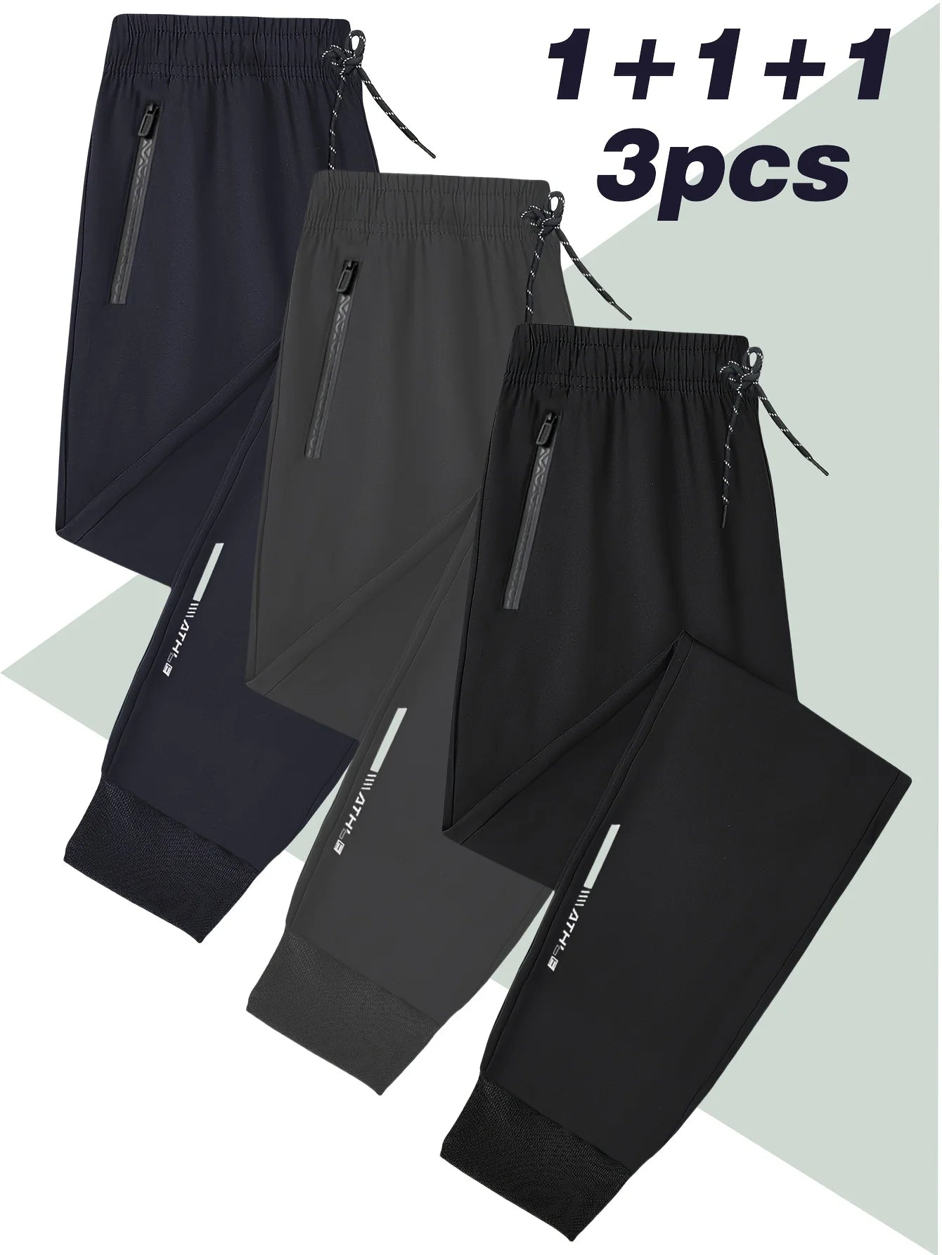 3 Pack Mens Jogger Pants Zipper Ankle Cuff Slim Fit Stretch Casual Running Lounge Sweatpants Trousers for Gym Workout Training.