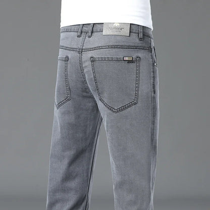 Summer Lyocell Ultra-thin Jeans Men Straight Stretch Breathable Denim Pants Fashion Business Casual Male Trousers Black Gray