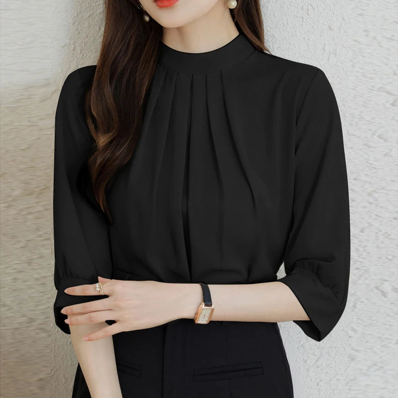 ZANZEA Fashion Stand Collar Blouse Woman 3/4 Sleeve Solid Color Tunic Tops Female Casual Loose Shirt Elegant Party Blusas Mujer.