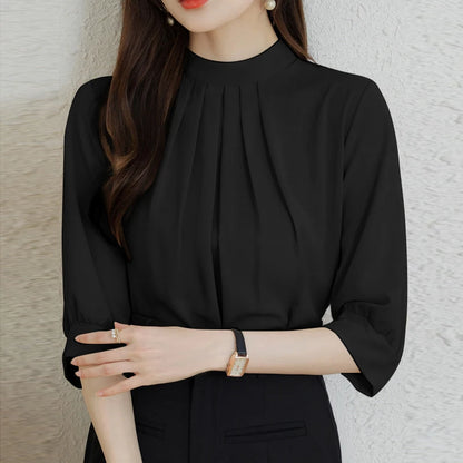 ZANZEA Fashion Stand Collar Blouse Woman 3/4 Sleeve Solid Color Tunic Tops Female Casual Loose Shirt Elegant Party Blusas Mujer.