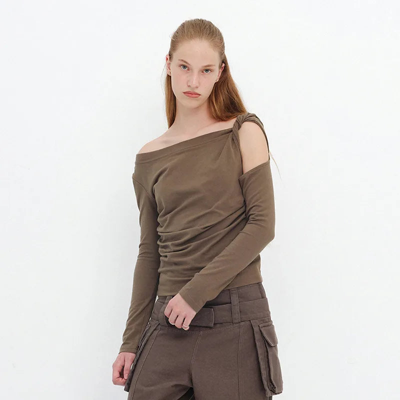 PixieKiki Twisted Hollow Out Off Shoulder Long Sleeve Tops 2000s Clothes Y2k Asymmetrical T Shirts for Woman P85-BE15.