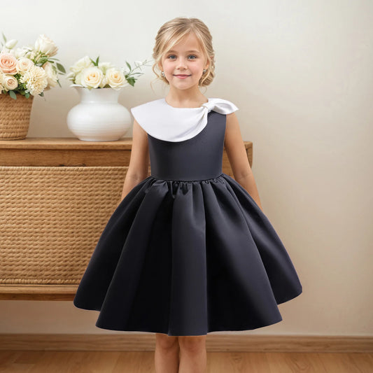 Kinder Kleider für Mädchen Vintage Schwarz Satin Prinzessin Kleid für Kinder Konzert Performance Hochzeit Geburtstag Zeremonie Abendkleid