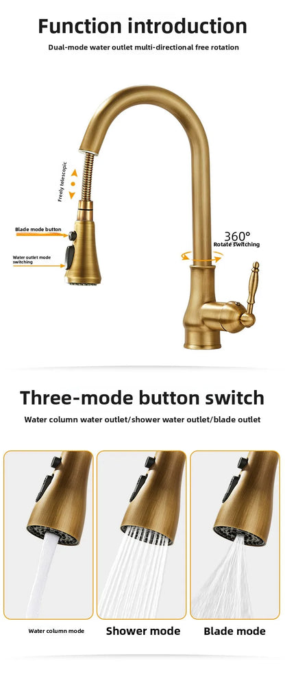 Antique Brass Kitchen Faucet Pull Out Spout Kitchen Faucets Black Single Hole Swivel Hot Cold Water Kitchen Mixers Taps
