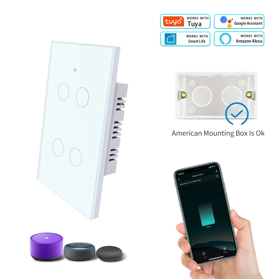 Tuya WiFi Smart Licht Schalter UNS Standard Arbeit Mit Alexa Google Home Wand Touch Schalter 110 V 220 V RF433Mhz Fernbedienung 1 2 3 4 Gang