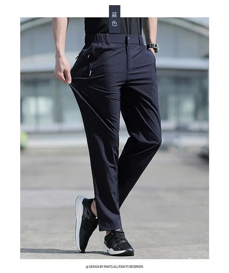Ice Silk Men's Summer Pants Elastic Waist Straight Leg Trouser Male Quick Dry Big Size Large Plus Stretch 6XL 7XL Work Outdoor