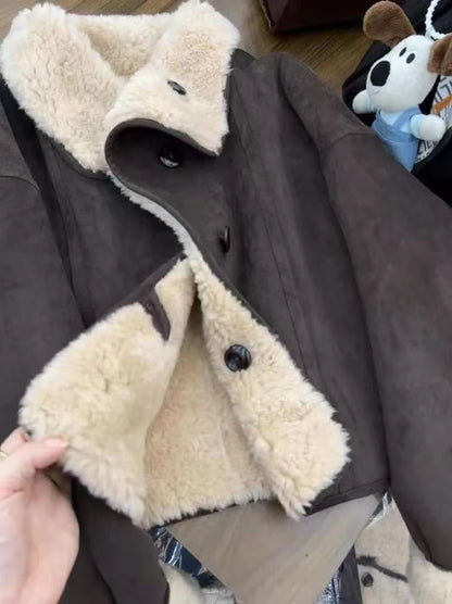 Dicke Lamm Warme Jacke für Frauen Winter Mode Doppelseitige Tragen Warme Pelz Mäntel Bf Koreanische Lose Einreiher Revers outwear