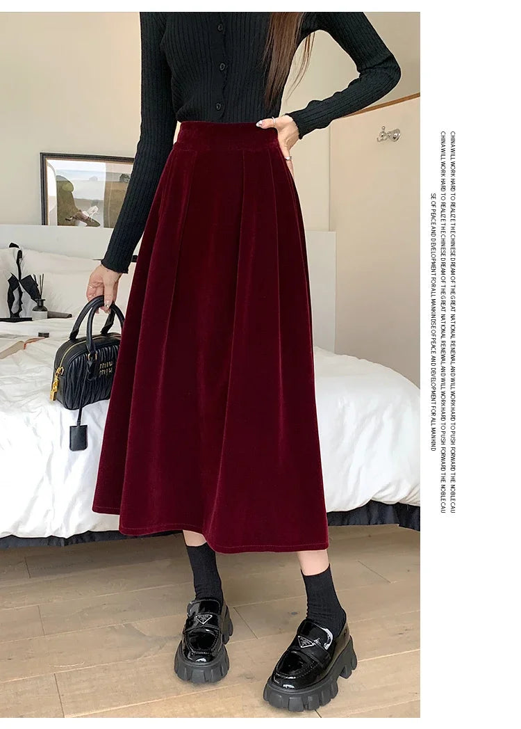 Autumn Winter Warm Vintage Red Elegant Velvet A-line Skirt For Women 2024 High Waist Casual Black Party Pleated Big Swing Skirts.