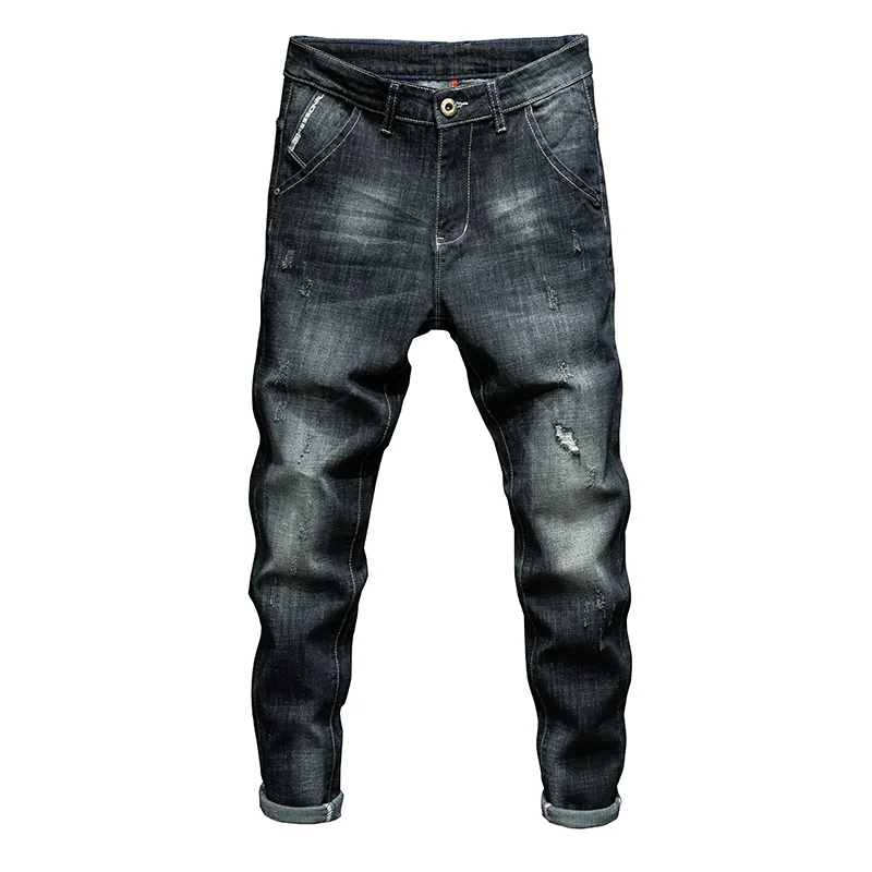 Fashion Ripped Men's Slim Straight Stretch Jeans Korean Personality Streetwear Denim Pants Classic Black Hip Hop Male Trousers.