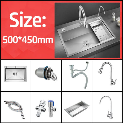 Handgefertigtes silbernes Küchenspülbecken aus Edelstahl 304, herunterziehend, Einzelschüssel-Waschbecken mit Abflussset