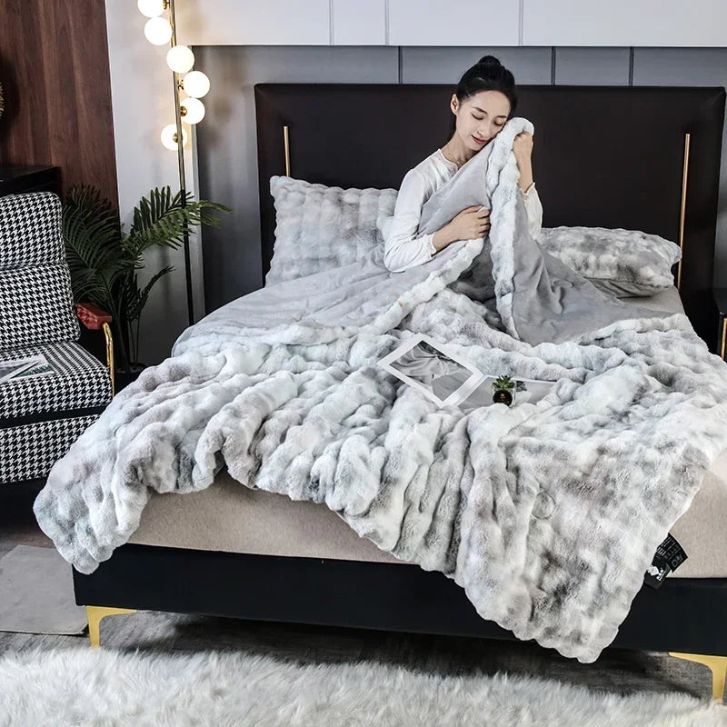 2024 New Colorful Rabbit Plush Bubble Winter Quilt Thickened Rabbit Plush Winter Double-sided Plush Skin-friendly and Warm.