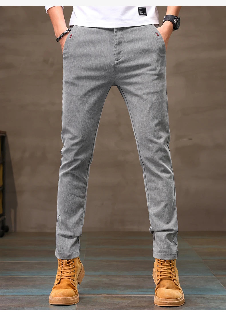 Men's Business Casual Pants Stretch Slim Fit Straight Semi-elastic Waist Trousers Solid Classic Office Work Male Clothing.