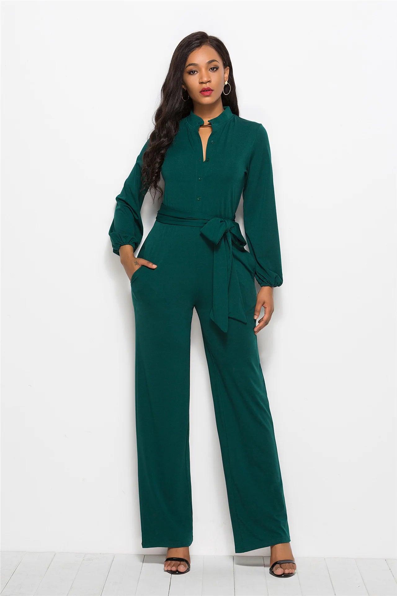 Temperament Solid Color Slim Jumpsuits Women Fashion Long Sleeve Buttons High Waist Leace-up Jumpsuit Ladies Commuting Clothing.