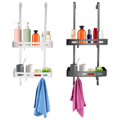 2-stufiges Badezimmerregal, hängendes Duschregal, silberfarbenes/schwarzes Regal, 6 Haken für Badezimmer, Küche, Wohnzimmer