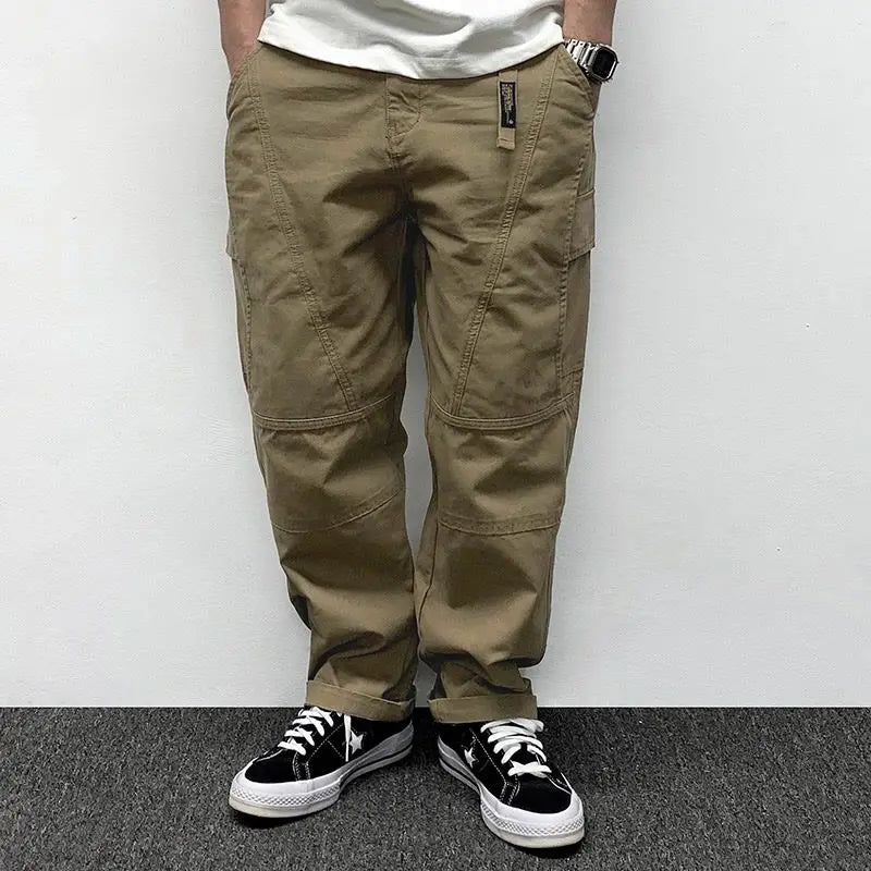 Autumn Men's Pants Multi-Pocket Cargo Pants Retro Solid Color Simple Loose Button Elastic Strap Casual Pants.