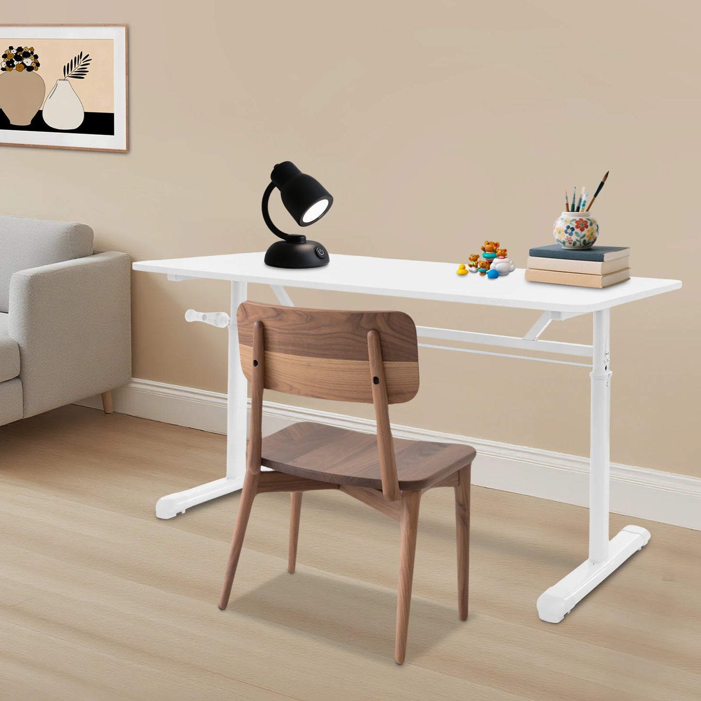 Höhenverstellbarer Schreibtisch, Heimbüro, Schreibtisch, manuell höhenverstellbarer Stehschreibtisch, weiß, 65–90 cm, höhenverstellbar