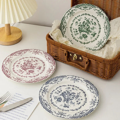 8/10Inch French Vintage Rose Ceramic Plate European Style Dinner Dishe Plates Salad Dessert Dinner Dish Household Art Tableware.