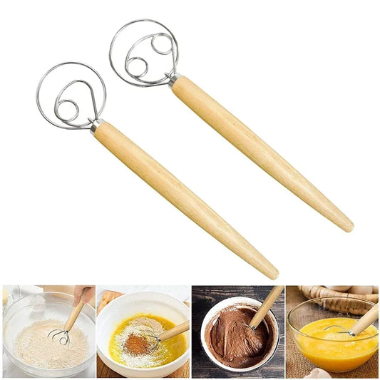 Cake Tools Danish Dough Whisk Stainless Steel Dutch Bread Dough Hand Mixer Wooden Handle Kitchen Baking Tools Artisian Blender.