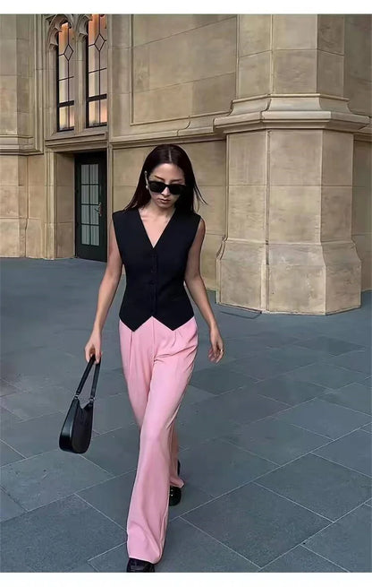 Frühling Sommer Koreanische Mode Weste 2025, Neue Frauen Kurze Mode V-ausschnitt Ärmellose Casual Blazer Weste Mäntel Weibliche Tops