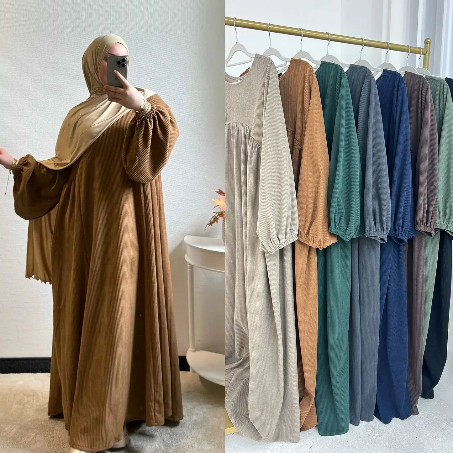 Winter Corduroy Abaya Warm Muslim Dress Closed Abayas for Women Dubai Luxury Turkey Kaftan Hijab Robe Ramadan Eid Islam Clothes