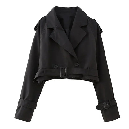 Frauen kurze Blazer Jacken Herbst elegante Vintage einfarbige Langarm Zweireiher Trenchcoat mit Gürtel