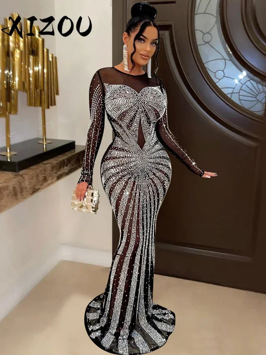 XIZOU Frauen Mesh Patchwork Diamanten Heißer Strass Bodenlangen Bodycon Meerjungfrau Maxi Kleid Sexy Party Abend Vestidos 2024