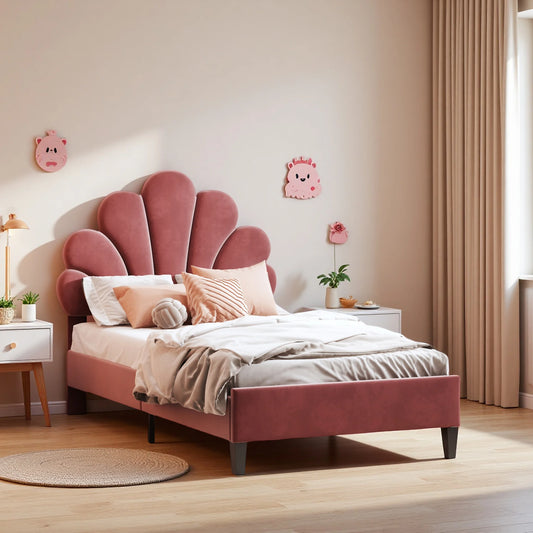 Rosahqnda Kinderbett 90x200 cm, blütenblattförmiges Kopfteil, gepolstertes Einzelbett für Kinder- und Mädchenschlafzimmer, Rosa/Beige