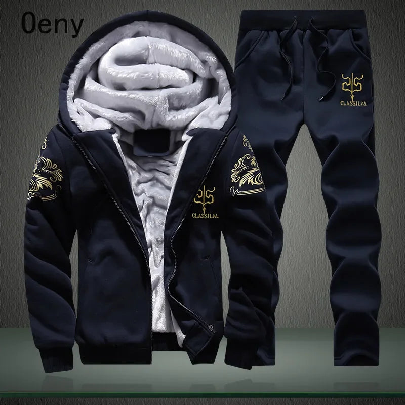 New Winter Fleece Thicken Men's Two-piece Zipper Sports Set Hooded Thermal Suit Casual Oversized Tracksuit 4XL 5XL Funny Suit