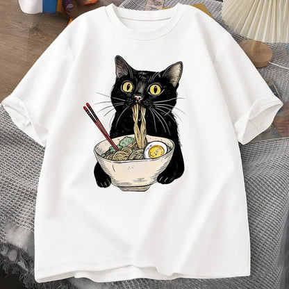 Nudel Ramen Katze T-Shirt Foodie Liebhaber T-Shirts Schwarze Katze Nudel T-Shirts Retro Casual Kurzarm T-Shirt für Männer Frauen Kleidung