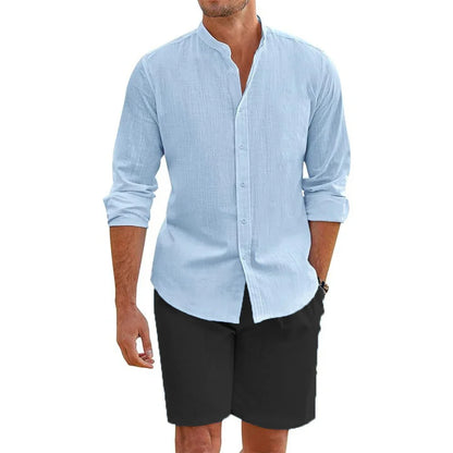 2 pcs Sets Men's Summer Cotton Linen Shirt and Shorts Cardigan Simple Casual Beach Shirts Comfortable Hawaii Wear.