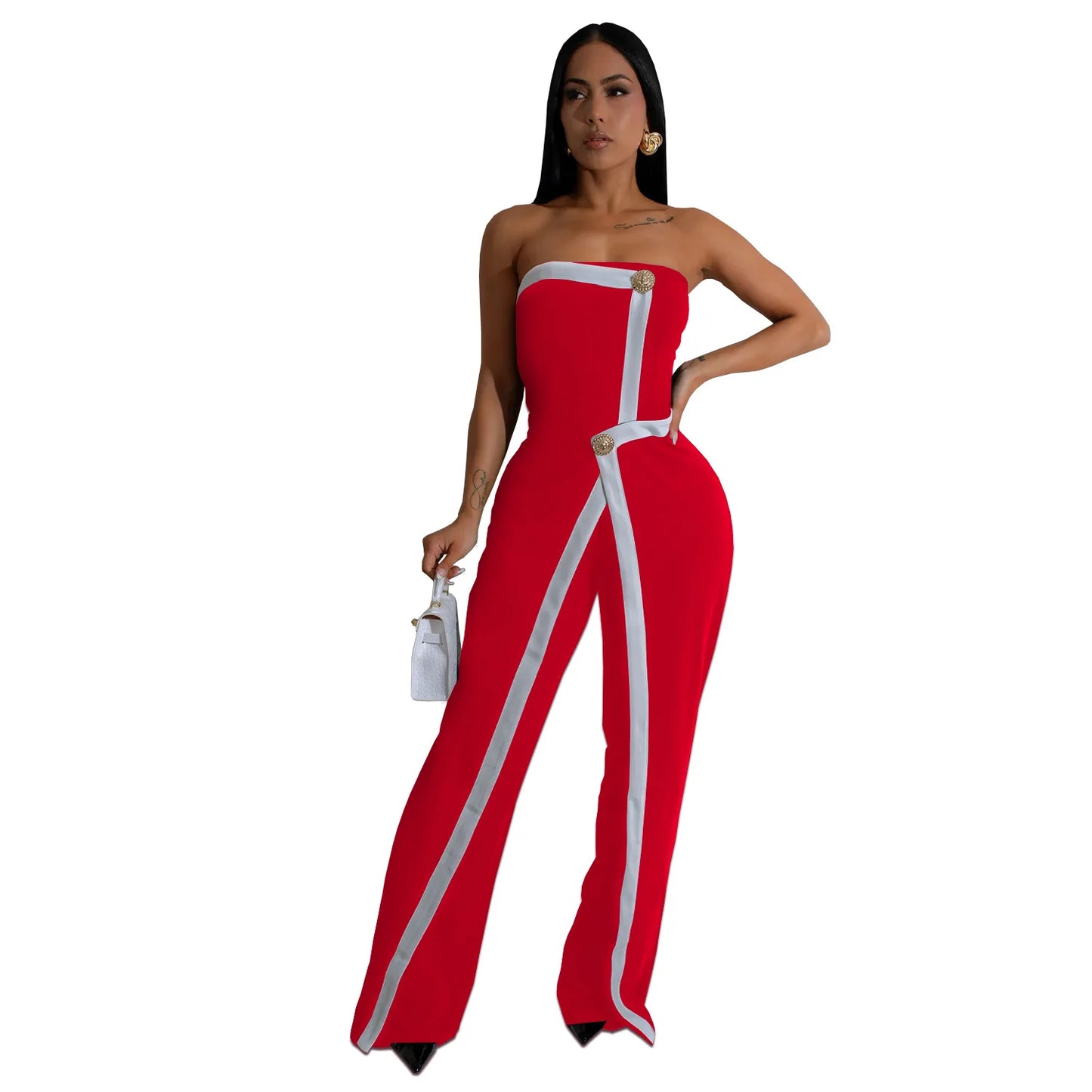 Elegant Sleeveless Wrap Chest Women's Button Strapless Irregular Jumpsuits 2025 One PieceWide Leg Outfits Night Club Streetwear