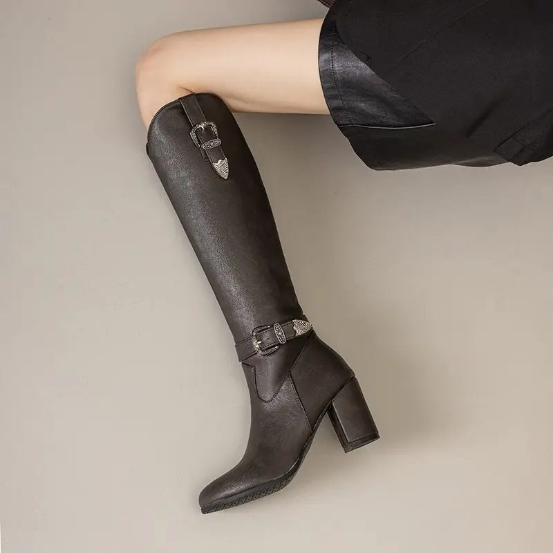 Girseaby British Style Women Knee High Boots Round Toe Block Heel 7.5cm Zipper Plus Size 51 52 Fashion Riding Bota