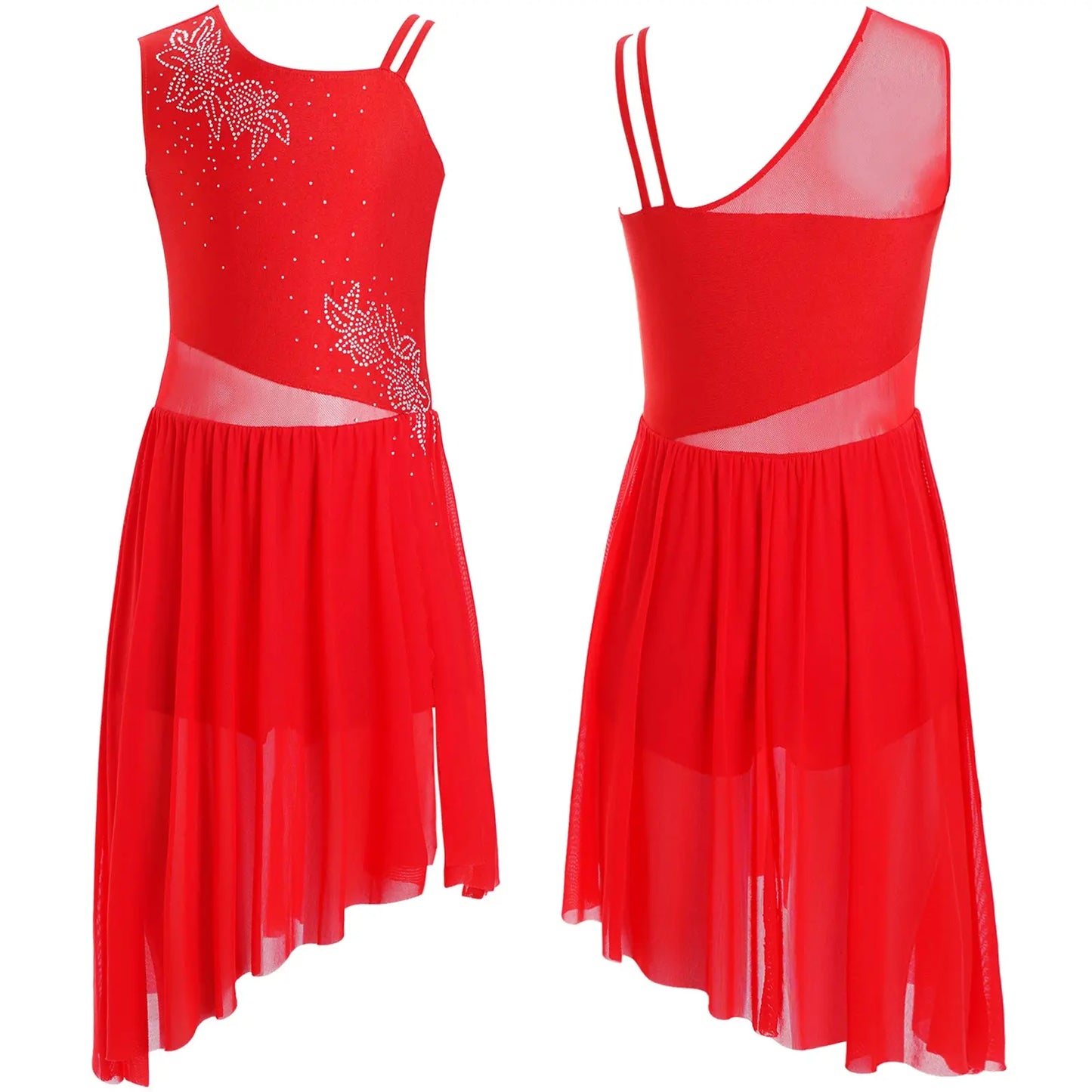 6–16 Jahre Mädchen, modernes lyrisches Tanzkleid, ärmellos, glänzender Strass-Trikot, Tanzkleidung für Skating, Gymnastik, akrobatische Leistung.