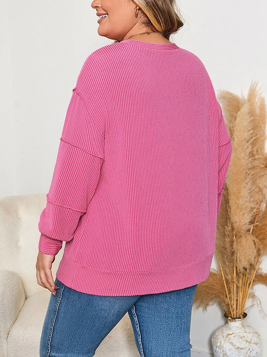 GIBSIE Plus Größe Einfarbig Rippen langarm Sweatshirt Frauen 2025, Herbst Oansatz Casual Lose Passenden Damen Pullover Top.