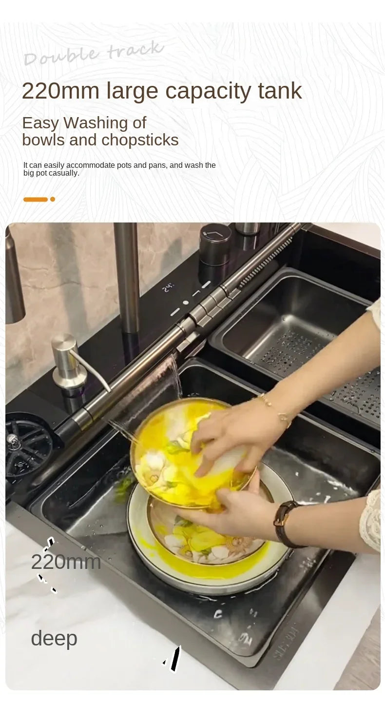 304 Edelstahl Wasserfall Küchen spüle große Einzels chlitz integrierte Digital anzeige Wasserhahn Set Seifensp ender Tasse Waschmaschine