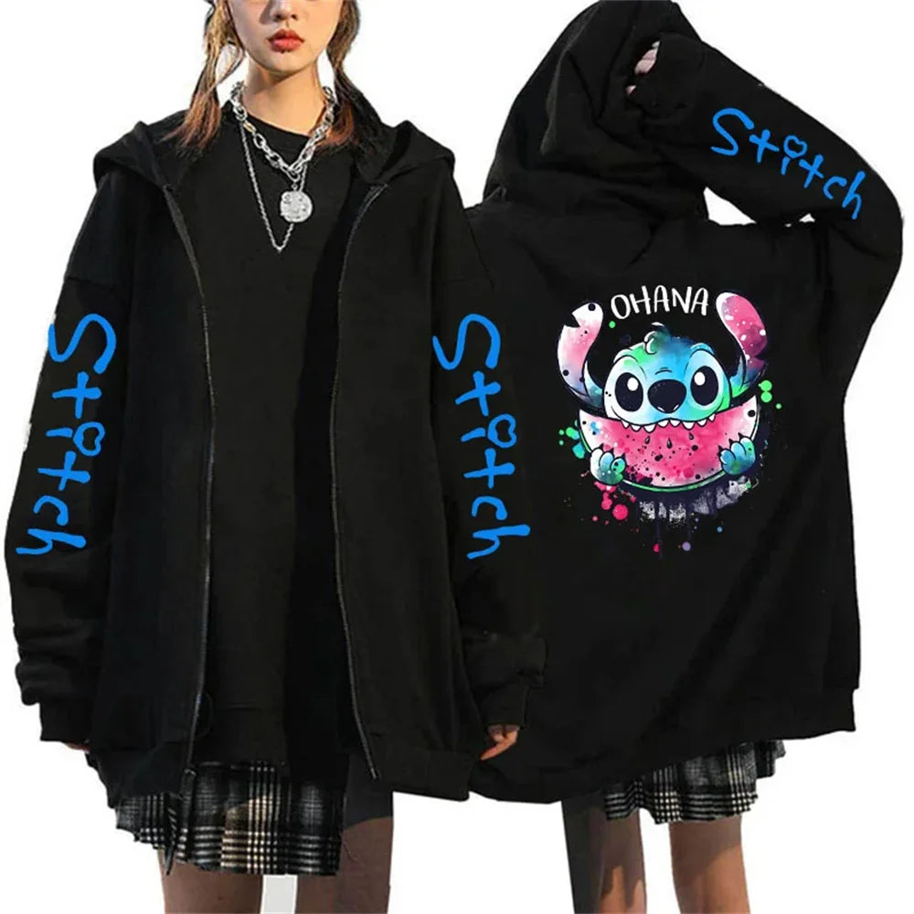 Men's and women's Lilo Stitch hooded jackets, Bonita Harajuku anime, cartoon Gothic streetwear, women's zippered sweaters.