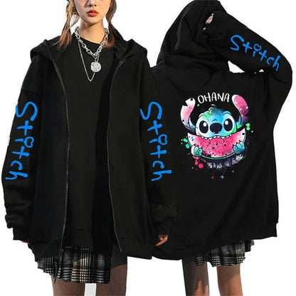Men's and women's Lilo Stitch hooded jackets, Bonita Harajuku anime, cartoon Gothic streetwear, women's zippered sweaters.