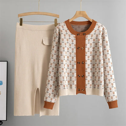 Women Sweater Muslim Knitting Suit Two Piece Sets Pullover Print Knitted Long Skirt Outfits Casual Knitwear Ensemble Autumn 2025.