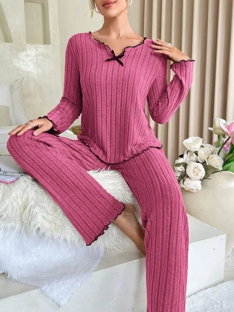 Women Autumn Winter Sleepwear Ribbed Pajamas Set Long Sleeve Top and Long Pants 2 Piece Set Casual Homewear Loungewear.