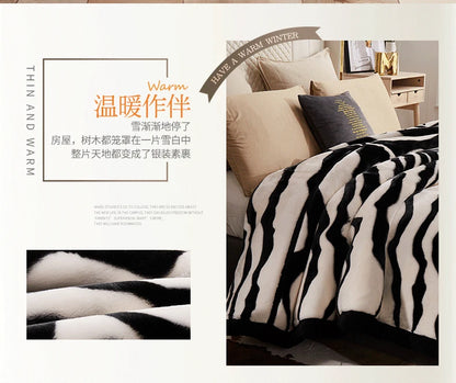 Nordic Style Zebra Print Coral Fleece Blanket Thickened Raschel Autumn Winter Blankets Double Layer Multi Purpose Plush Quilt.
