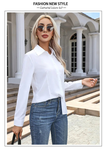 1pcs Woman Spring Autumn Solid color Shirts Lady Casual Long Sleeve Turn-down Collar Loose Shirt Female Fashion Temperament Tops