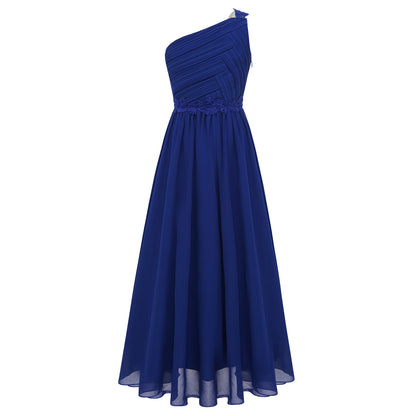 Mädchen Hochzeit Brautjungfer Kleid One Shoulder Elegante Guipure-Spitze Geraffte Chiffon Maxi Party Kleider Geburtstag Abend Abendkleid