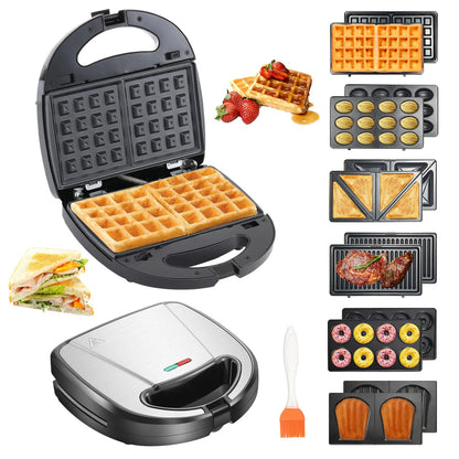 Sandwich Maker 6 in 1 Waffle Maker 750 W Sandwich Toaster with 6 Removable Non-Stick Grill Plates Waffle Iron Breakfast Machine.