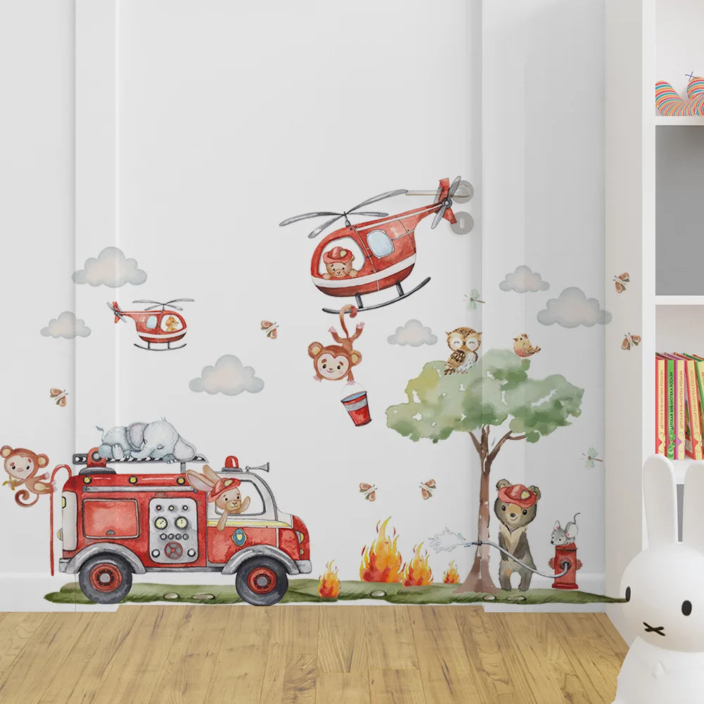 Creative cartoon animal firefighters sticker for living room kids room decoration self adhesive wall art decal.