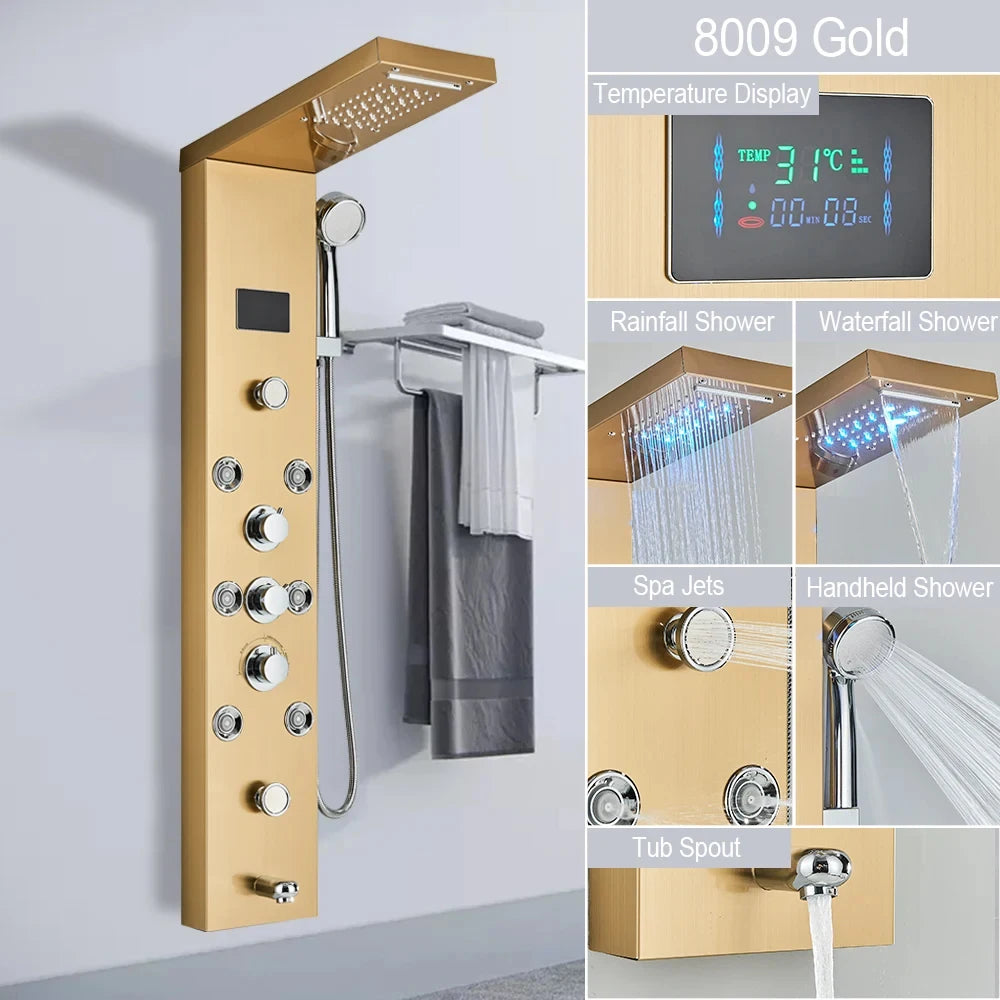 Golden Shower Panel LED Light Bathroom Bath Shower Column Tower Digital Screen Waterfall Rain shower Mixers Rotate Massage Jets