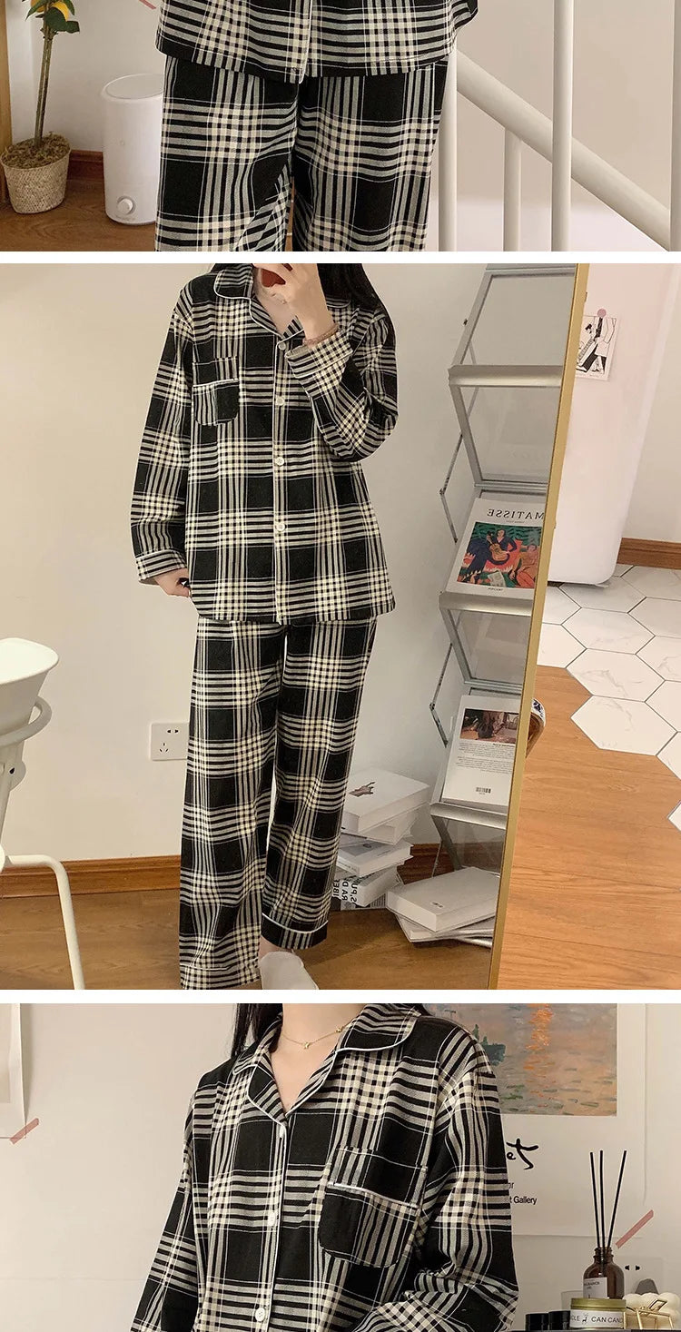 Spring and Autumn New Couples Pajamas Homewear Suit Female Is Christmas Plaid Thin Section Long-Sleeved Simple Leisure Homewear.