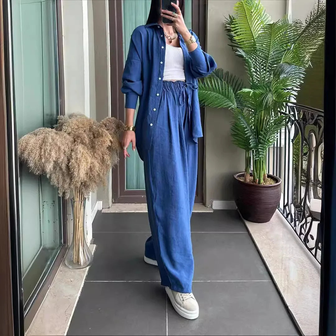 Casual Loose Shirt And Pants Two Piece Sets Women Fashion Solid Long Sleeve Shirts Outfits Autumn Winter Wide Leg Pants Sets.