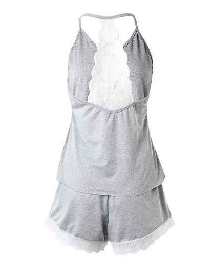 Damen-Pyjama mit Häkelspitze, 2-teilig, ärmellos, V-Ausschnitt, lässiger Nachtwäsche-Anzug, sexy, solide Heimkleidung, Sommerkleidung