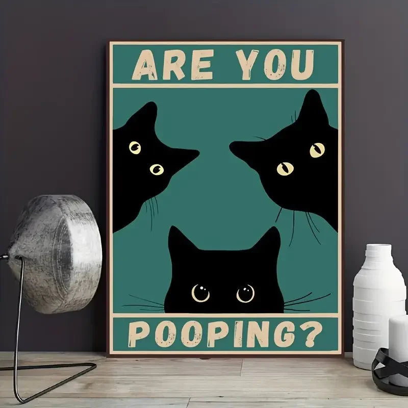 Art quote you are pooping black cat kitten reading newspaper in toilet funny animal poster retro art living room decoration.