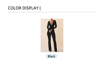 Schwarz Plissee Big Flare Overall Langarm V-ausschnitt Dünne Overall Hosen Frauen Sexy Schlanke Rückenfreie Langarm Hosen