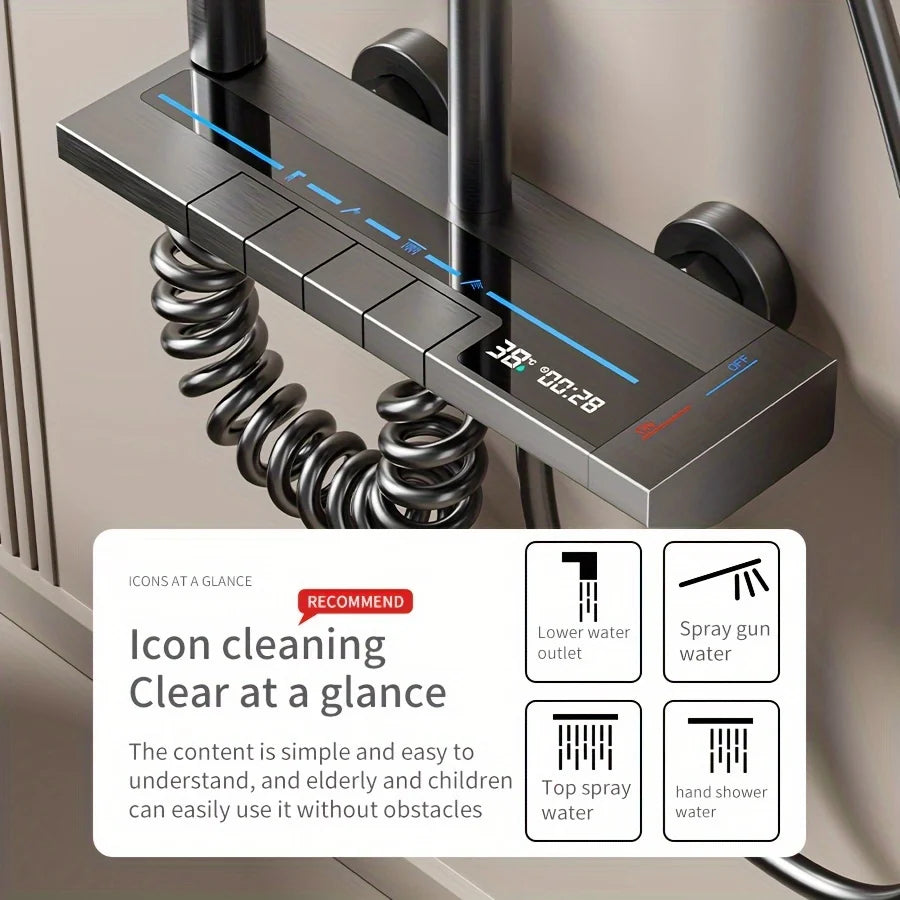 Bathroom Luxury Shower System with Tempered Glass Piano Key Smart Digital Display Thermostat Mixer Shower Faucet Full Set